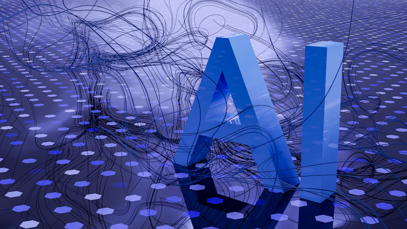 Glowing AI neural network visualization with blue and purple light particles in dark space